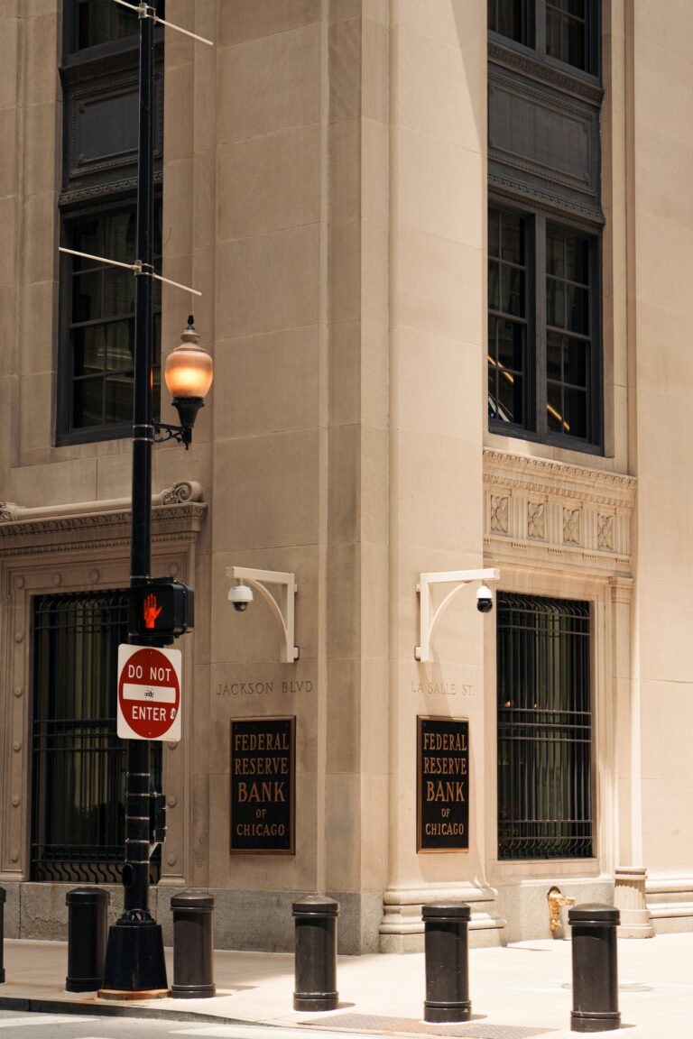 Federal reserve bank of chicago building, street light, and bollards